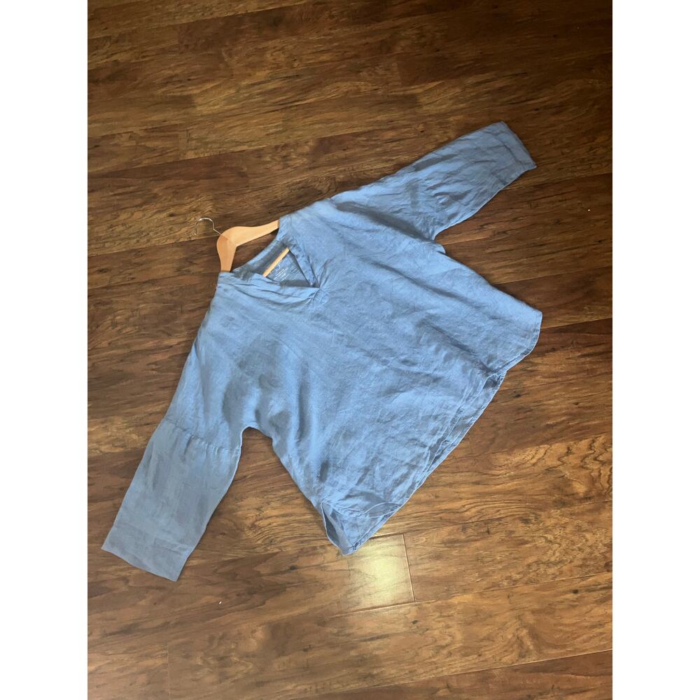 KYLA SEO 100% Linen Popover Top Blouse Blue Size Large L HANDMADE BOXY LAGENLOOK - Picture 3 of 8